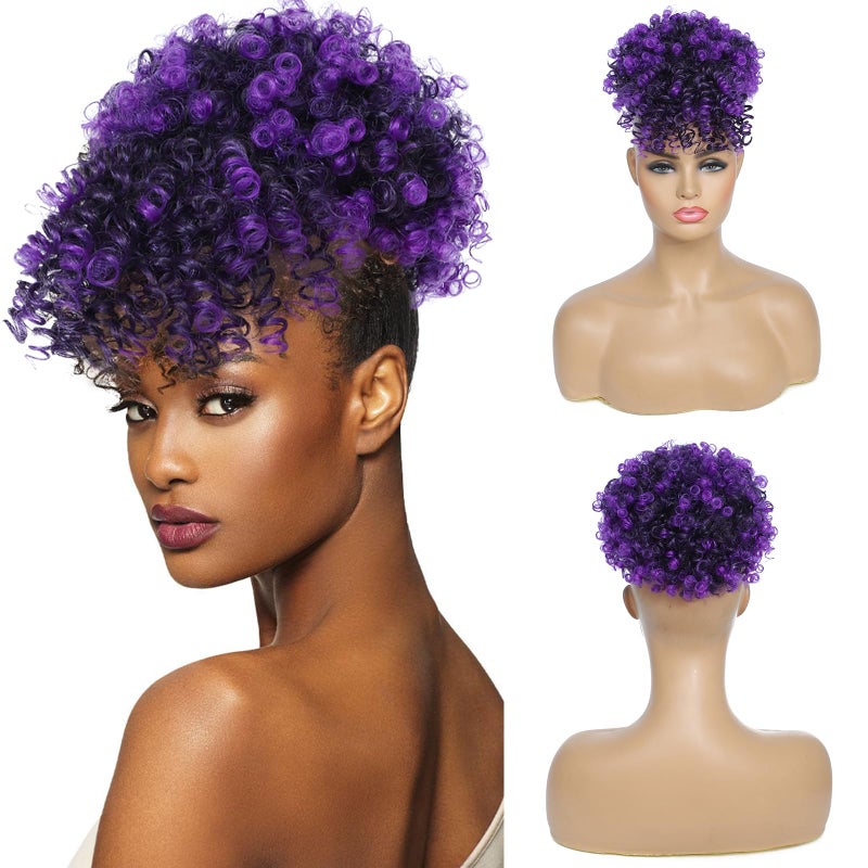 ENTRANCED STYLES Drawstring Ponytail with Bangs Afro Puff Ponytail Extensions for Women Short Curly Puff Ponytail with Bangs Clip in Wrap Updo HairpieceTpurple